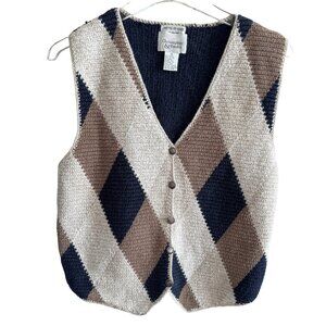 Vintage Hand Knit Argyle Sweater Vest Button Front Sz Medium Grandpa Core
